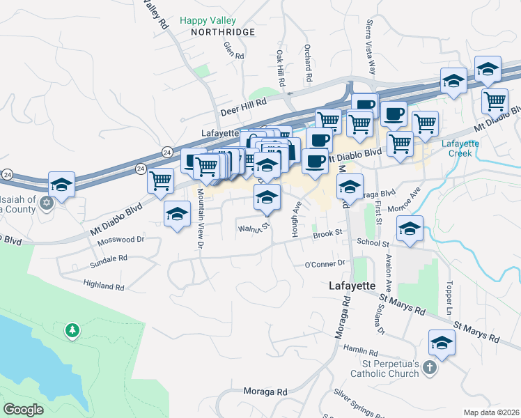 map of restaurants, bars, coffee shops, grocery stores, and more near 3605 Bickerstaff Road in Lafayette