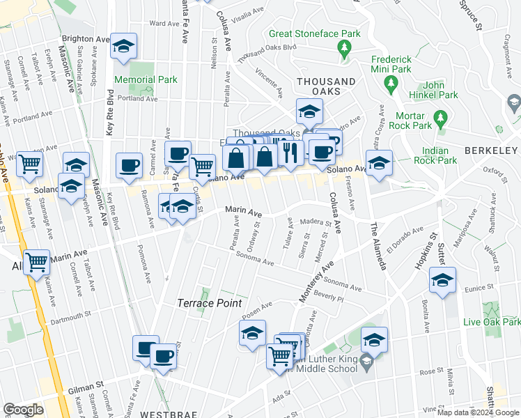 map of restaurants, bars, coffee shops, grocery stores, and more near 913 Ventura Avenue in Albany