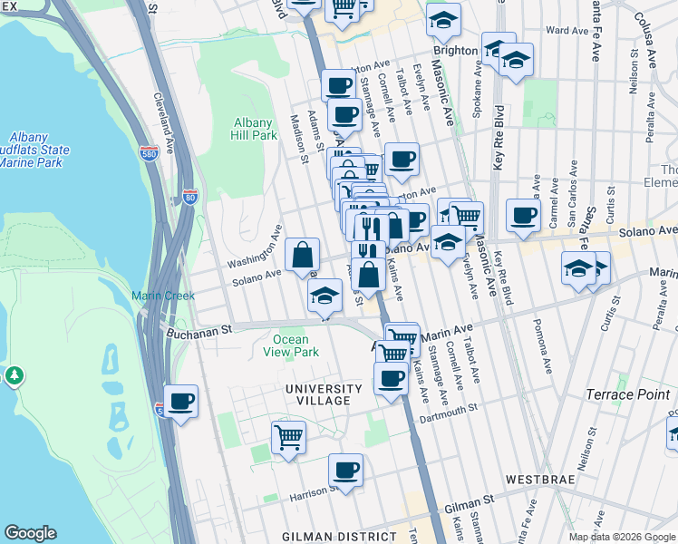 map of restaurants, bars, coffee shops, grocery stores, and more near 941 Solano Avenue in Albany