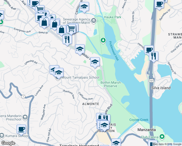 map of restaurants, bars, coffee shops, grocery stores, and more near 122 Almonte Boulevard in Mill Valley