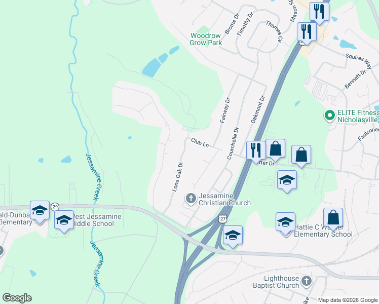 map of restaurants, bars, coffee shops, grocery stores, and more near 103 Club Lane in Nicholasville
