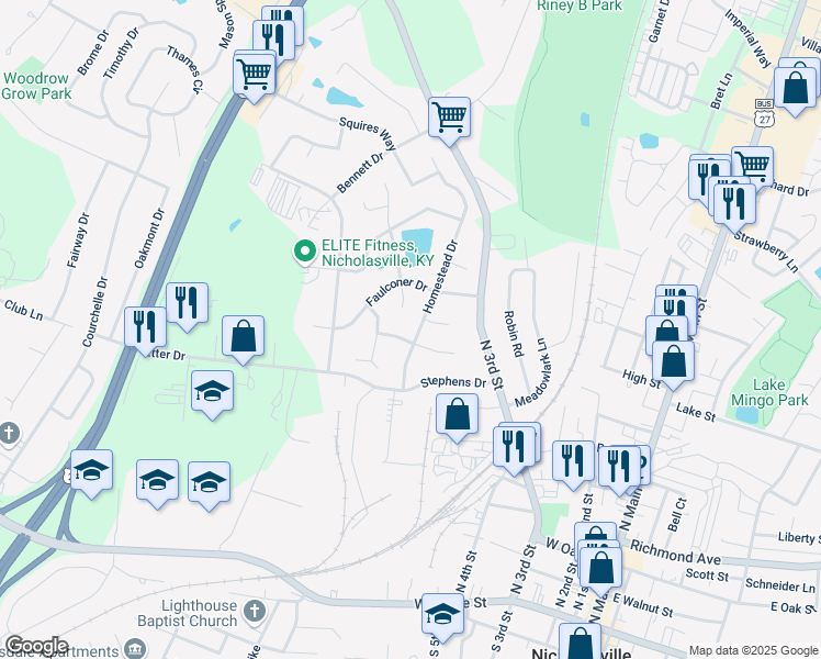 map of restaurants, bars, coffee shops, grocery stores, and more near 116-118 Frye Court in Nicholasville