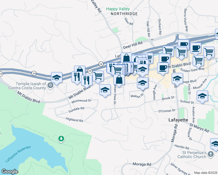 map of restaurants, bars, coffee shops, grocery stores, and more near 7 Songbird Court in Lafayette
