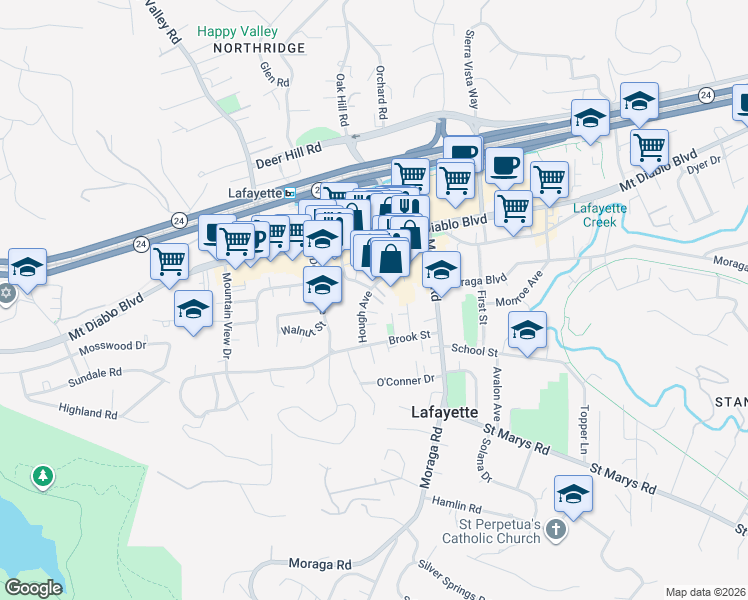 map of restaurants, bars, coffee shops, grocery stores, and more near in Lafayette