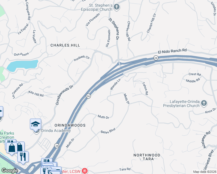 map of restaurants, bars, coffee shops, grocery stores, and more near 5 Wanda Lane in Orinda