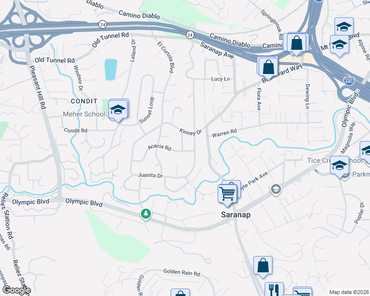 map of restaurants, bars, coffee shops, grocery stores, and more near 1122 Studebaker Road in Walnut Creek