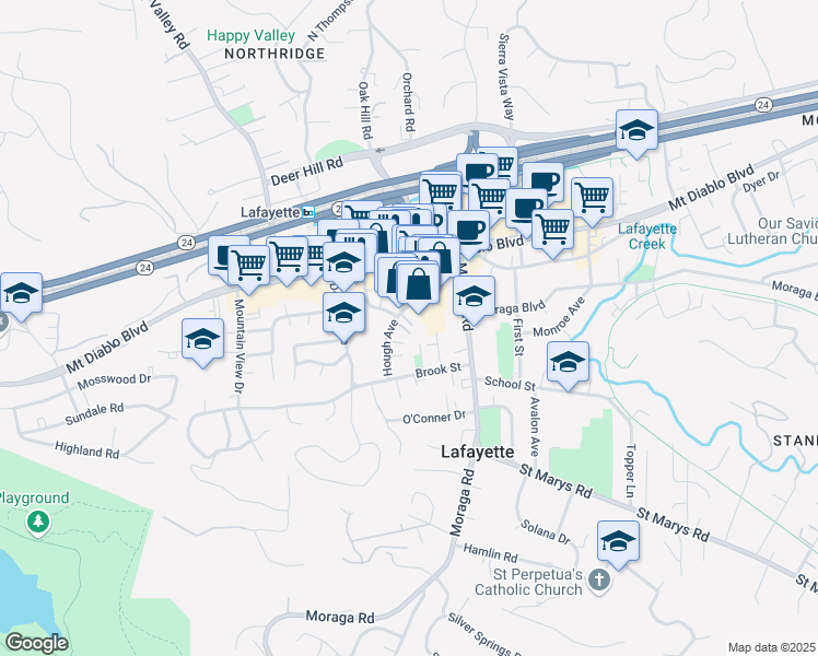 map of restaurants, bars, coffee shops, grocery stores, and more near in Lafayette