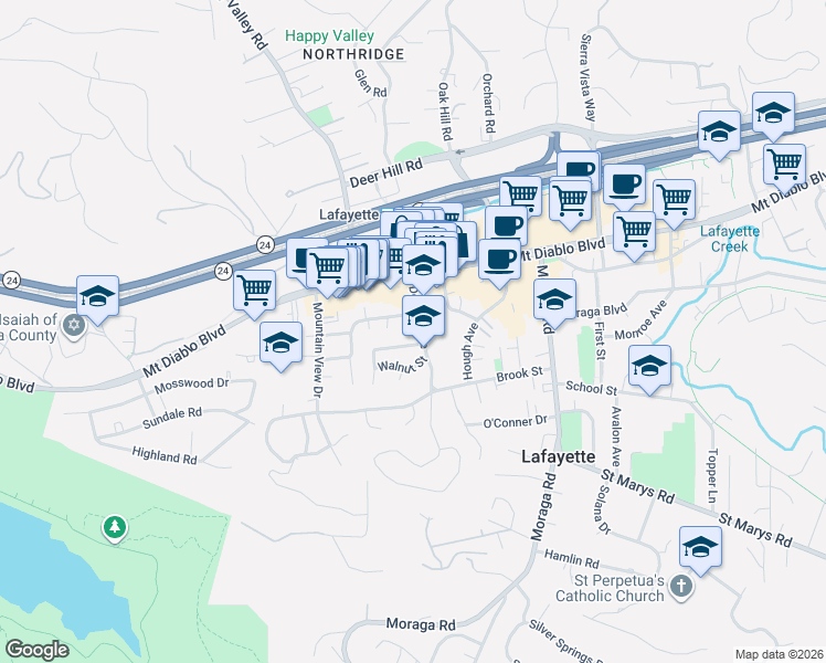 map of restaurants, bars, coffee shops, grocery stores, and more near 3605 Bickerstaff Road in Lafayette