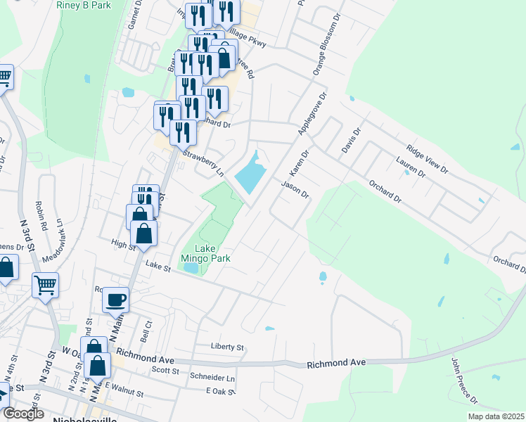 map of restaurants, bars, coffee shops, grocery stores, and more near 213 Anthony Drive in Nicholasville