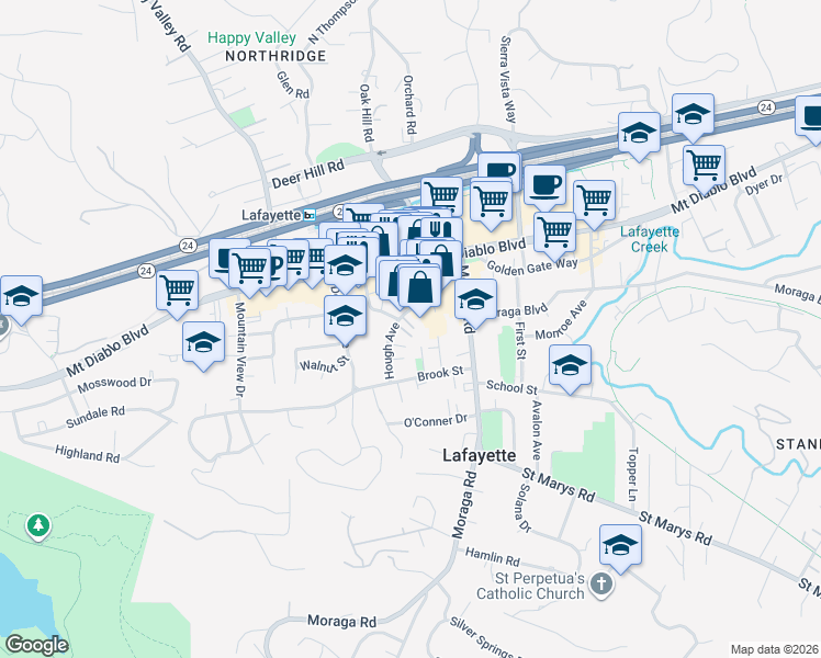 map of restaurants, bars, coffee shops, grocery stores, and more near in Lafayette