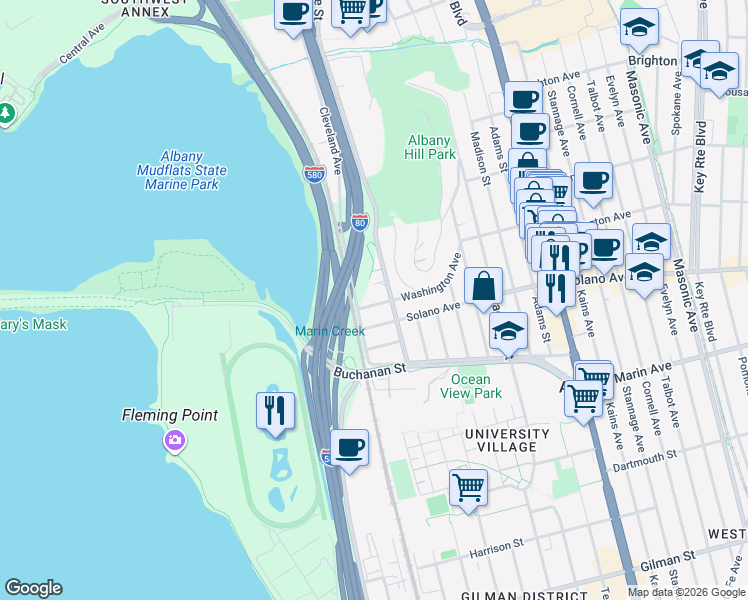 map of restaurants, bars, coffee shops, grocery stores, and more near 700 Calhoun Street in Albany
