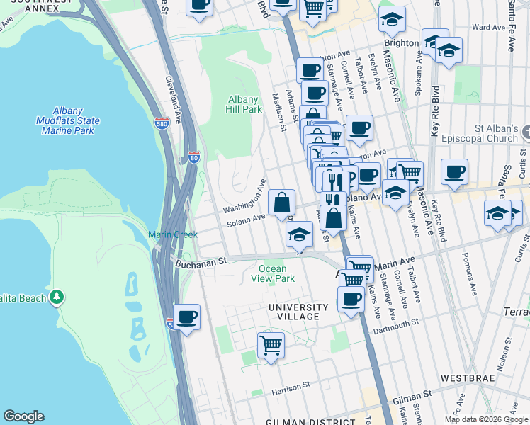 map of restaurants, bars, coffee shops, grocery stores, and more near 855 Solano Avenue in Albany