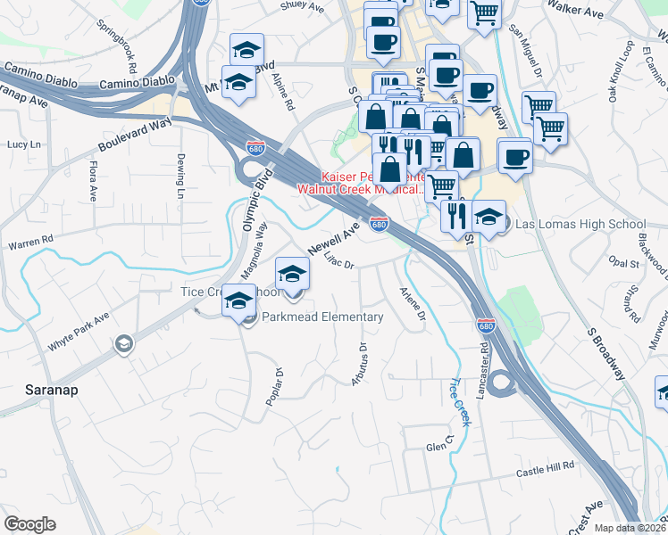 map of restaurants, bars, coffee shops, grocery stores, and more near 1751 Lilac Drive in Walnut Creek