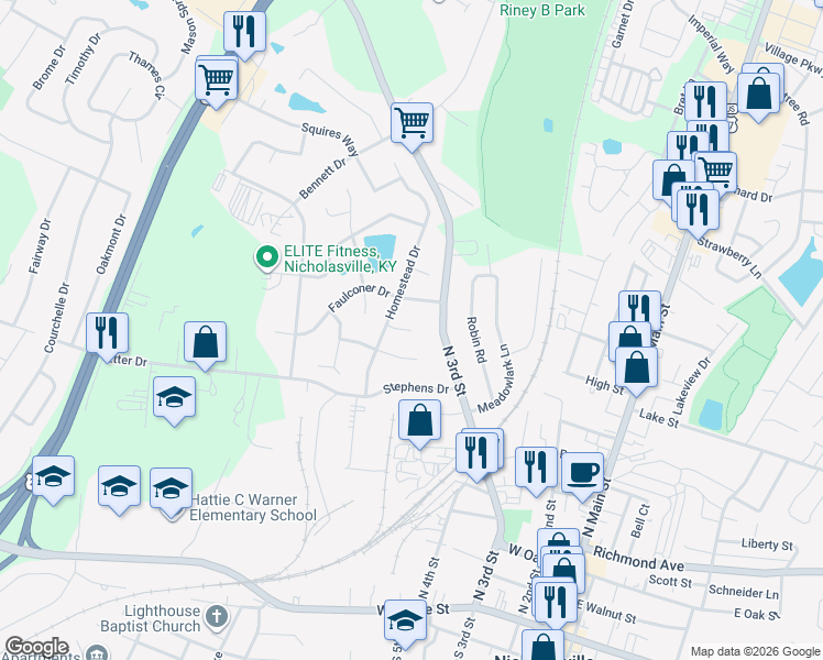 map of restaurants, bars, coffee shops, grocery stores, and more near 105 Geneva Court in Nicholasville