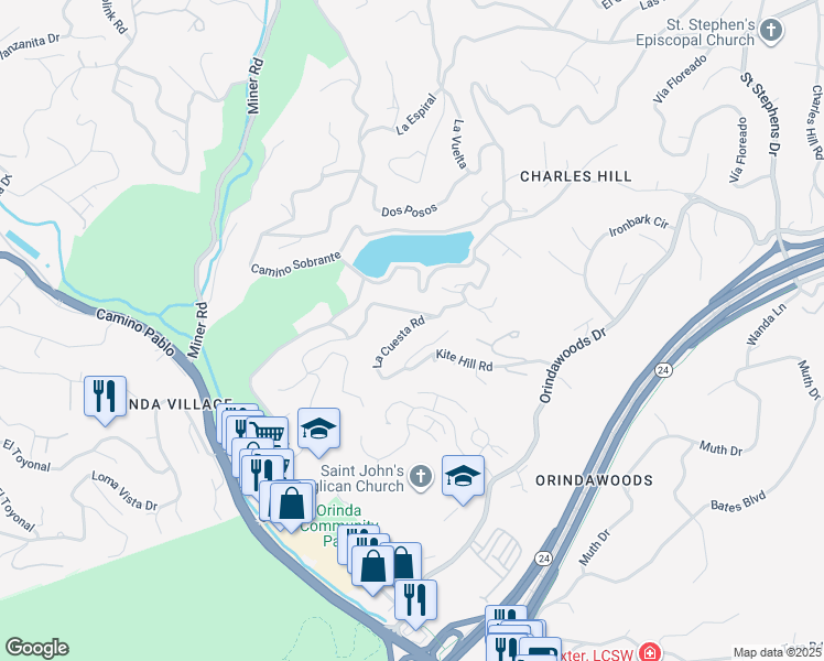 map of restaurants, bars, coffee shops, grocery stores, and more near 43 La Cuesta Road in Orinda