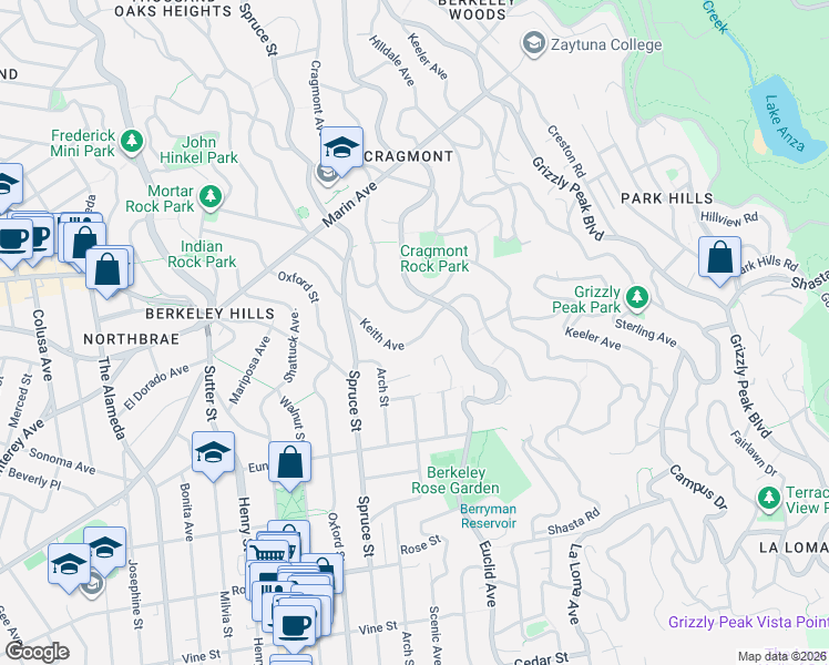 map of restaurants, bars, coffee shops, grocery stores, and more near 1018 Cragmont Avenue in Berkeley