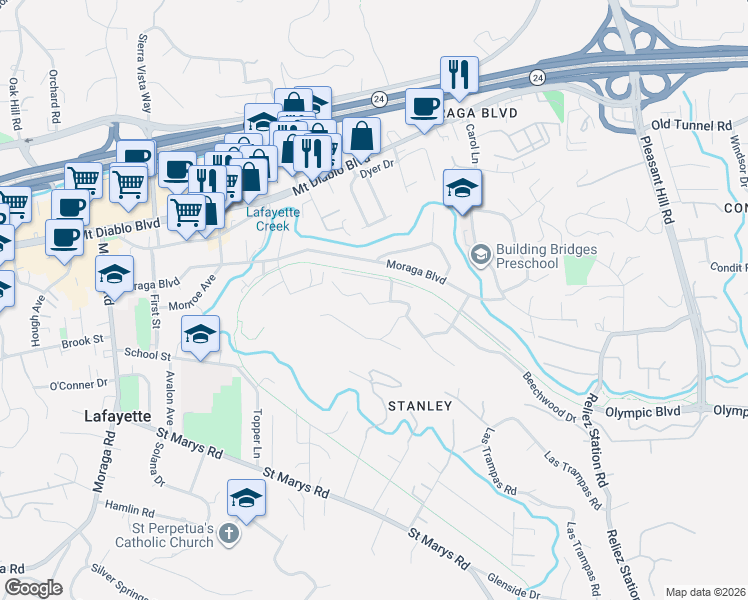 map of restaurants, bars, coffee shops, grocery stores, and more near 3366 Ridge Road in Lafayette
