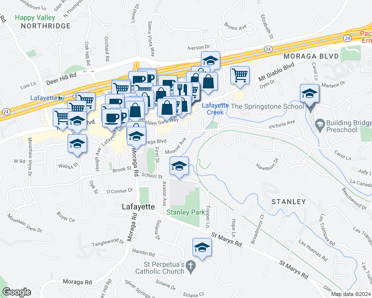 map of restaurants, bars, coffee shops, grocery stores, and more near 3460 Lana Lane in Lafayette