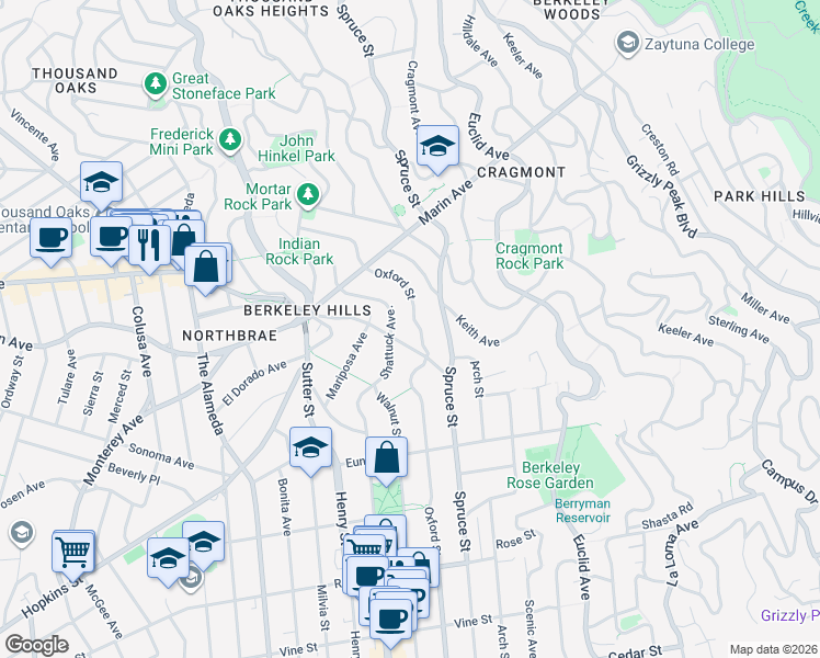 map of restaurants, bars, coffee shops, grocery stores, and more near 1019 Oxford Street in Berkeley