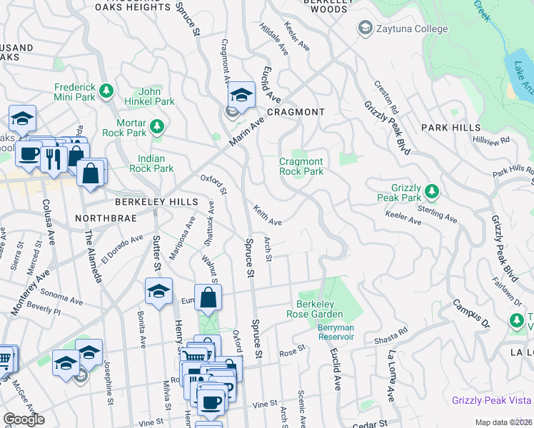 map of restaurants, bars, coffee shops, grocery stores, and more near 1012 Keith Avenue in Berkeley