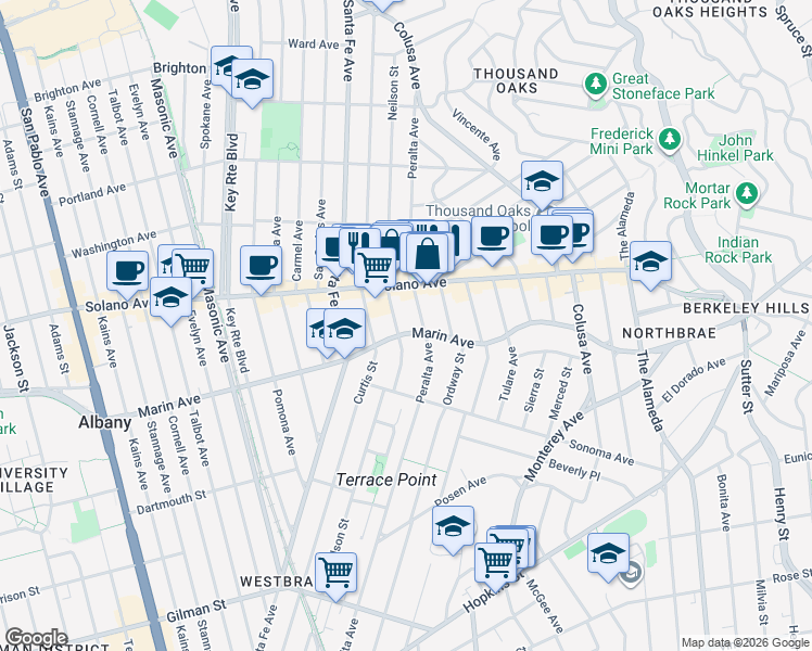 map of restaurants, bars, coffee shops, grocery stores, and more near 1505 Marin Avenue in Albany