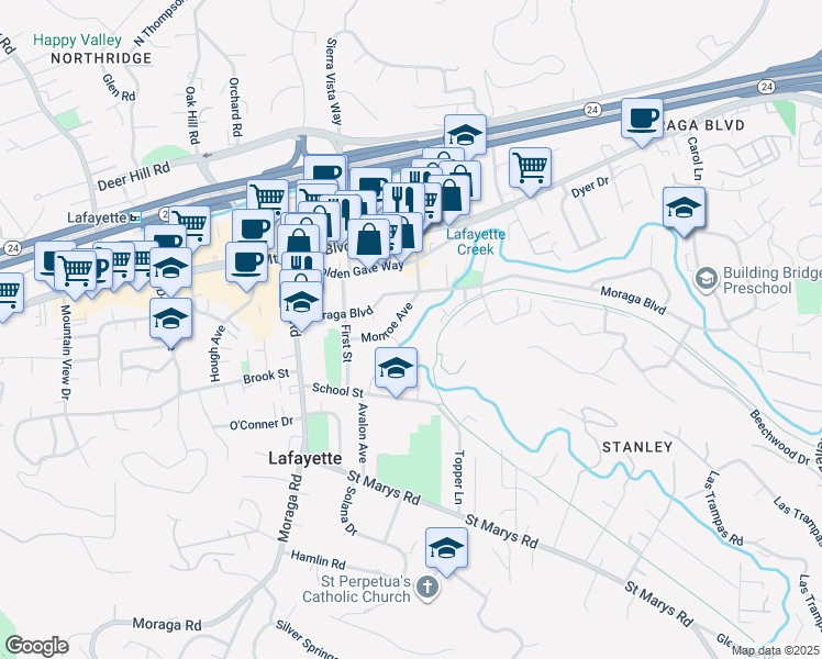 map of restaurants, bars, coffee shops, grocery stores, and more near 3460 Lana Lane in Lafayette
