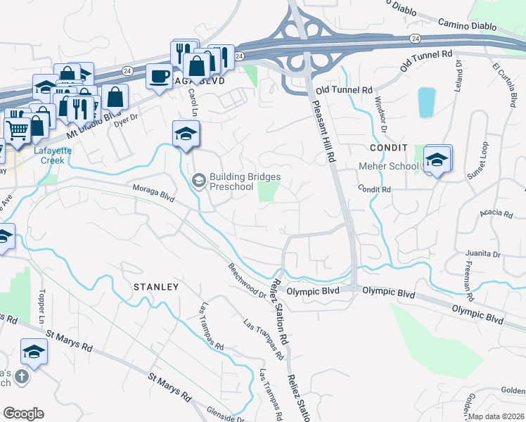 map of restaurants, bars, coffee shops, grocery stores, and more near 957 Stow Lane in Lafayette