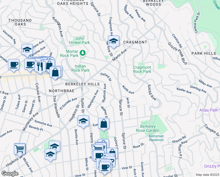map of restaurants, bars, coffee shops, grocery stores, and more near 1019 Oxford Street in Berkeley