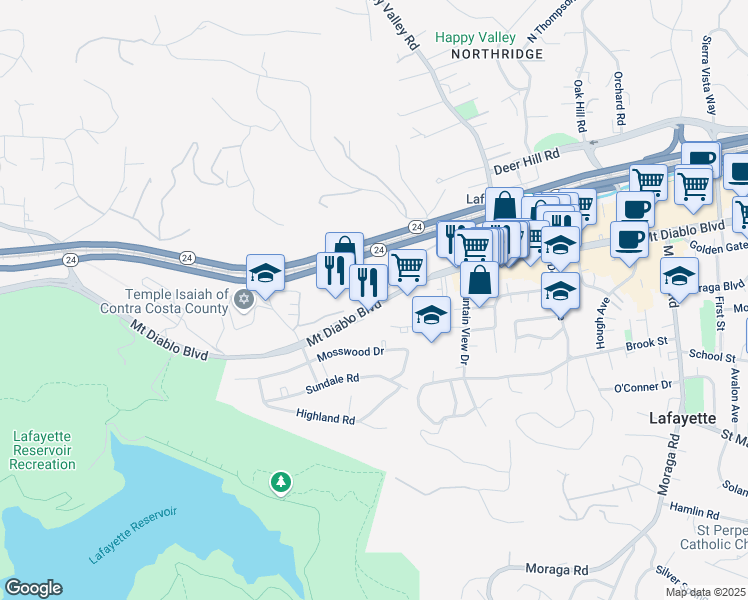 map of restaurants, bars, coffee shops, grocery stores, and more near 3720 Mount Diablo Boulevard in Lafayette