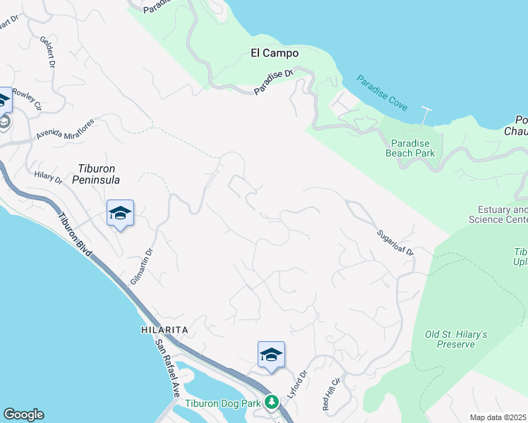 map of restaurants, bars, coffee shops, grocery stores, and more near 83 Mount Tiburon Road in Tiburon