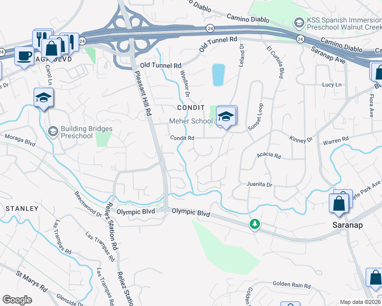 map of restaurants, bars, coffee shops, grocery stores, and more near 989 Kelley Court in Lafayette