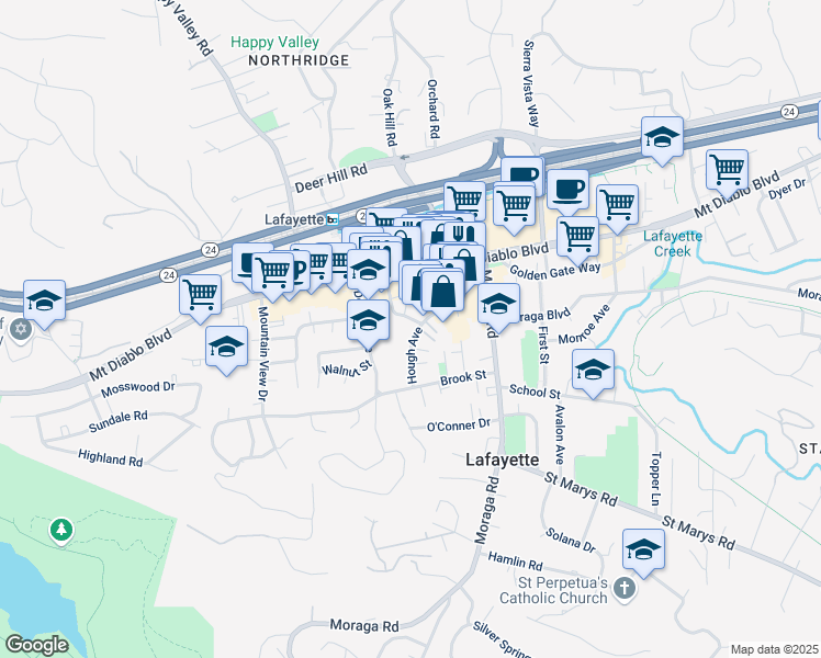 map of restaurants, bars, coffee shops, grocery stores, and more near in Lafayette