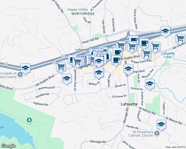 map of restaurants, bars, coffee shops, grocery stores, and more near 3605 Bickerstaff Road in Lafayette