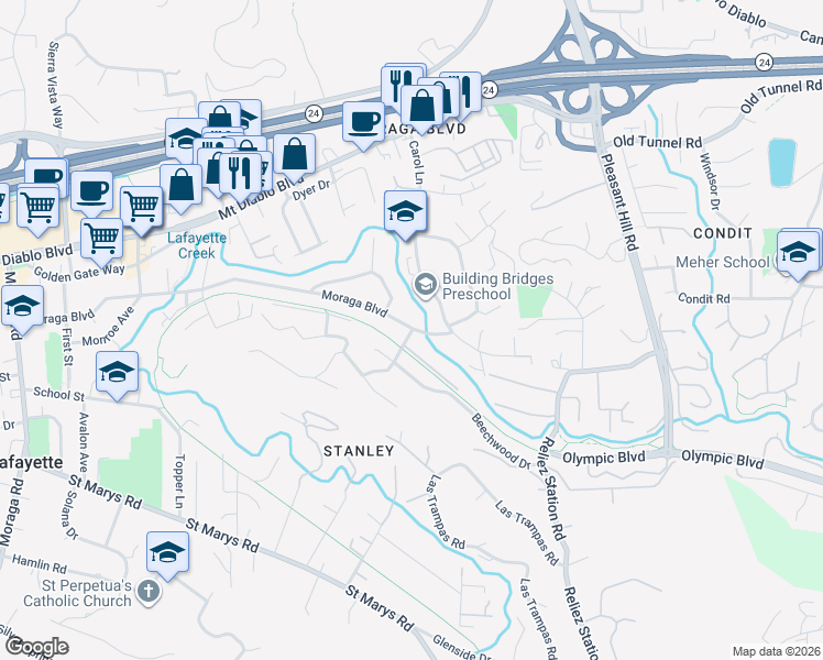 map of restaurants, bars, coffee shops, grocery stores, and more near 906 Hawthorne Drive in Lafayette
