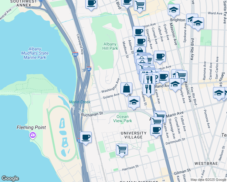 map of restaurants, bars, coffee shops, grocery stores, and more near 844 Washington Avenue in Albany