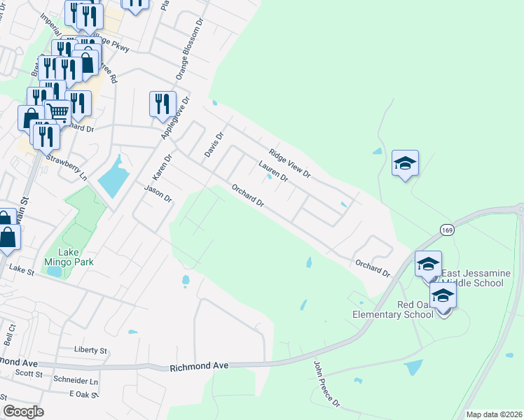 map of restaurants, bars, coffee shops, grocery stores, and more near 1148 Orchard Drive in Nicholasville