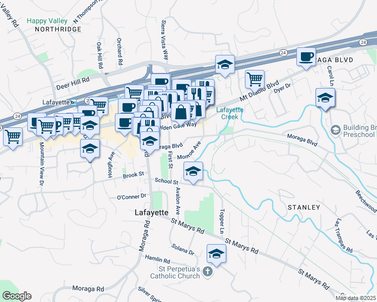 map of restaurants, bars, coffee shops, grocery stores, and more near 3476 Monroe Avenue in Lafayette