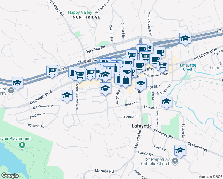 map of restaurants, bars, coffee shops, grocery stores, and more near 241 Lafayette Circle in Lafayette