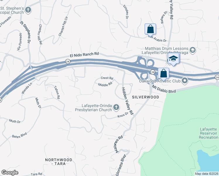 map of restaurants, bars, coffee shops, grocery stores, and more near 5 Middle Road in Lafayette