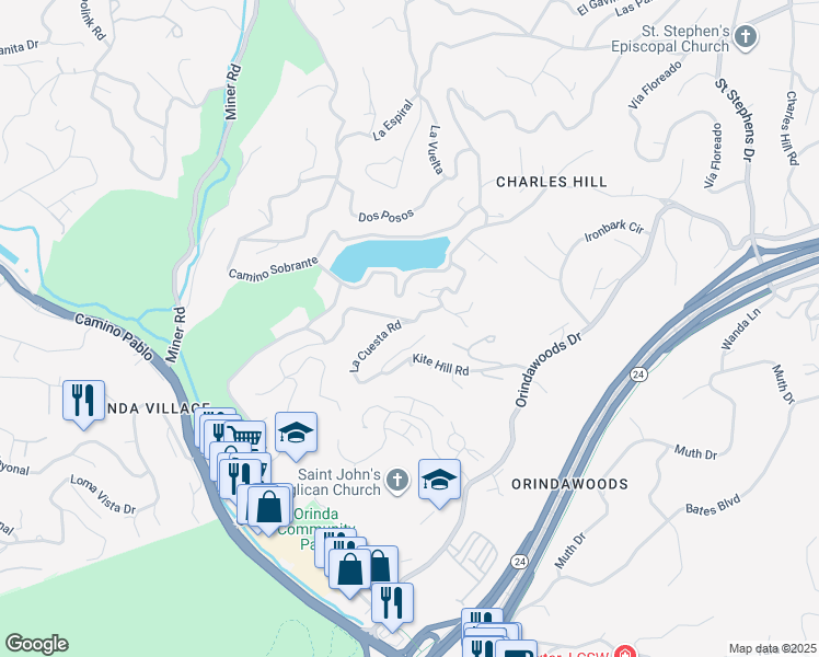 map of restaurants, bars, coffee shops, grocery stores, and more near 43 La Cuesta Road in Orinda