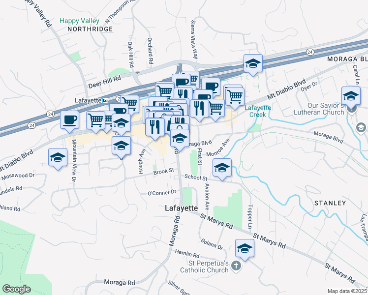 map of restaurants, bars, coffee shops, grocery stores, and more near 3515 Moraga Boulevard in Lafayette