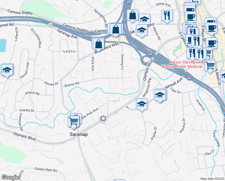 map of restaurants, bars, coffee shops, grocery stores, and more near 161 Camino Posada in Walnut Creek