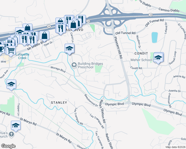 map of restaurants, bars, coffee shops, grocery stores, and more near 957 Stow Lane in Lafayette