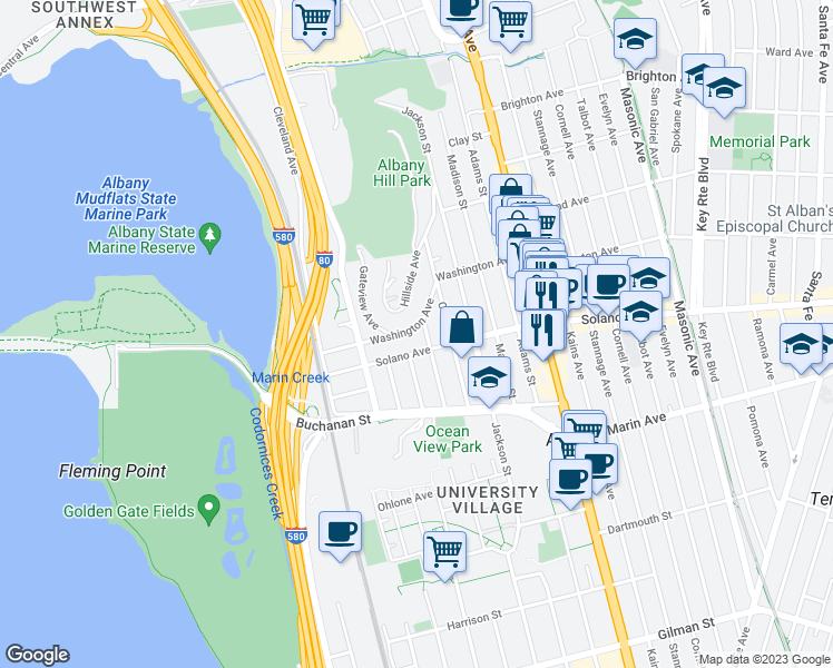 map of restaurants, bars, coffee shops, grocery stores, and more near 846 Washington Avenue in Albany