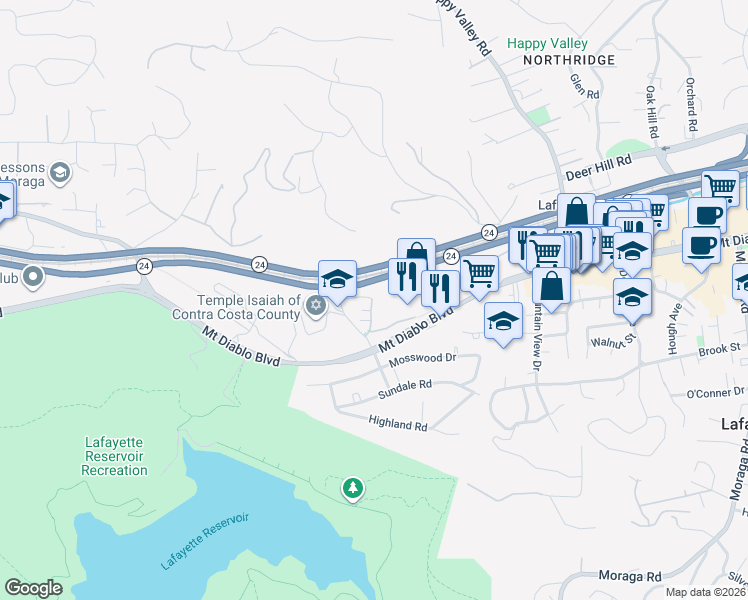 map of restaurants, bars, coffee shops, grocery stores, and more near 3742 Mount Diablo Boulevard in Lafayette