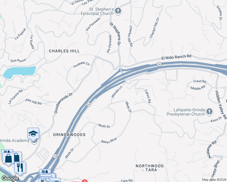 map of restaurants, bars, coffee shops, grocery stores, and more near 7 Wanda Lane in Orinda