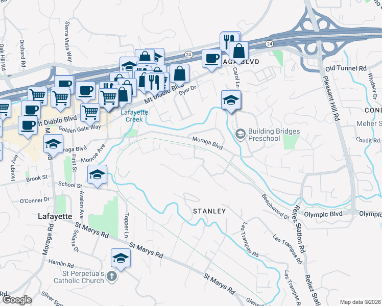 map of restaurants, bars, coffee shops, grocery stores, and more near 951 Yorkshire Court in Lafayette