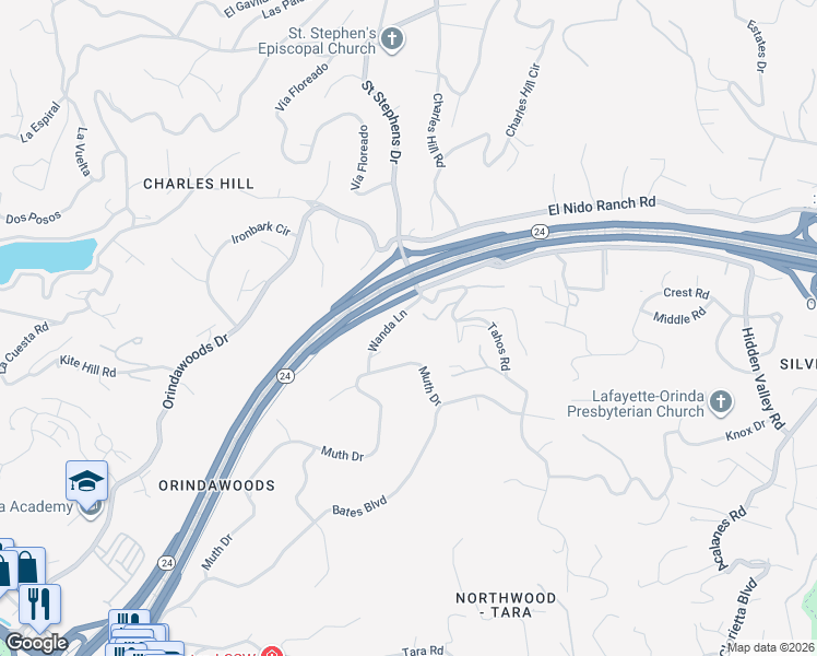 map of restaurants, bars, coffee shops, grocery stores, and more near 7 Wanda Lane in Orinda