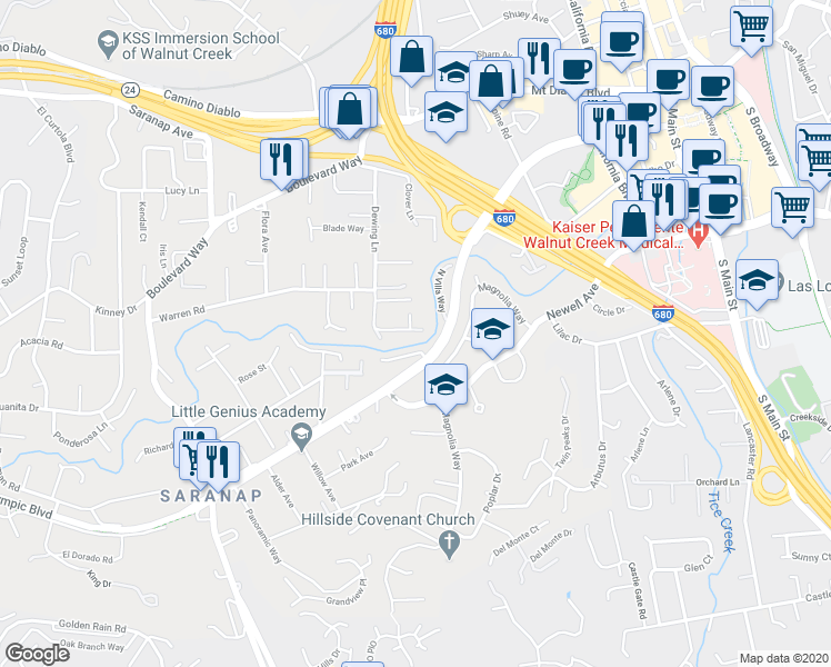 map of restaurants, bars, coffee shops, grocery stores, and more near 83 Acorn Court in Walnut Creek