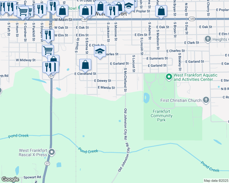 map of restaurants, bars, coffee shops, grocery stores, and more near 905-907 South Monroe Street in West Frankfort
